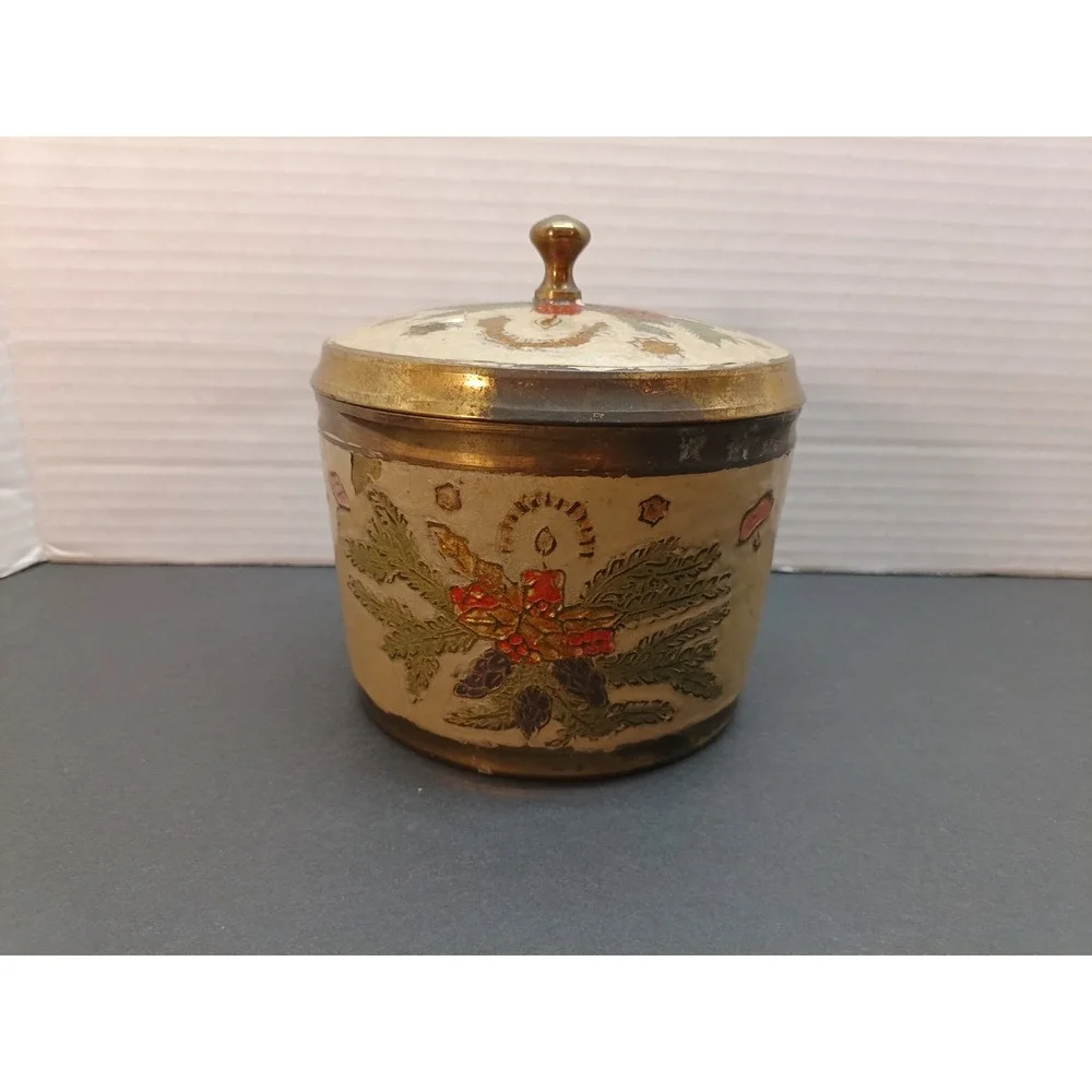 Vintage Lidded Canister Jar Christmas Cloisonné Enamel Solid Brass Hand Pained
